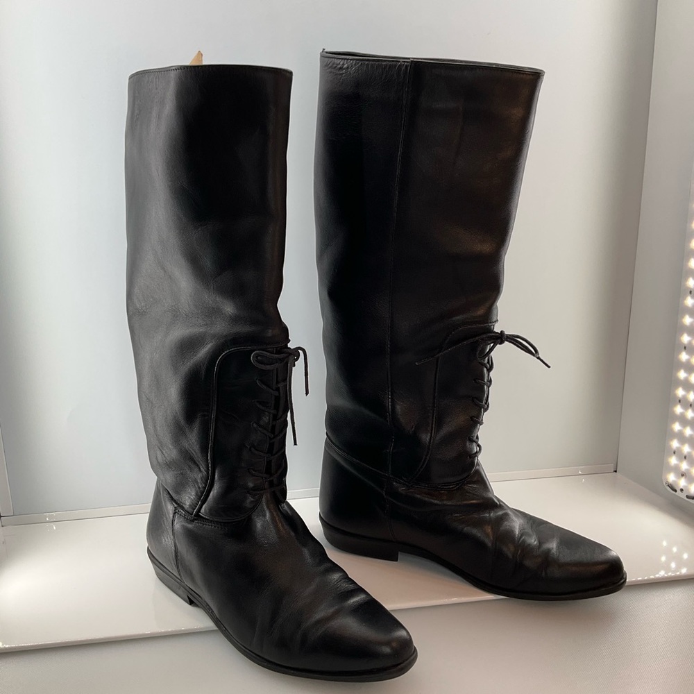 vtg SAVIDA sz 7 Leather Knee High Boots Tie Front Flat Heel Slip On Black - Picture 5 of 8